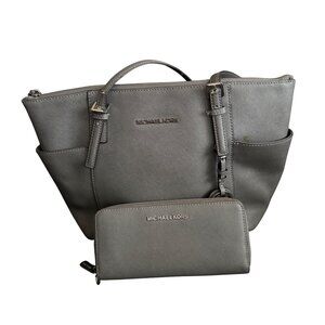 Michael Kors Gray Leather Tote Bag & Wallet Set
